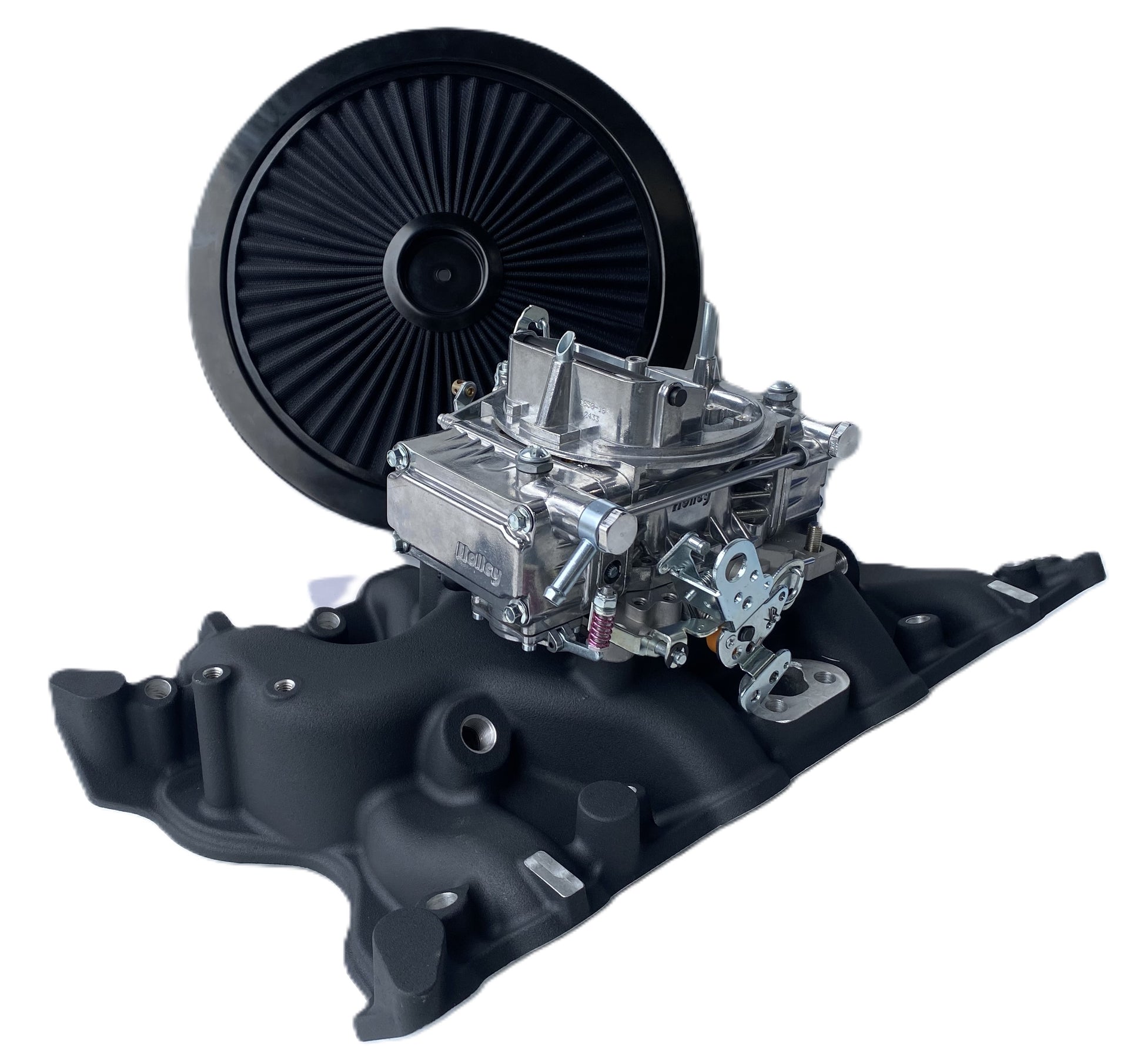 Ford V8 302 351 2V Cleveland Black Manifold & 600 Holley Carburettor Package