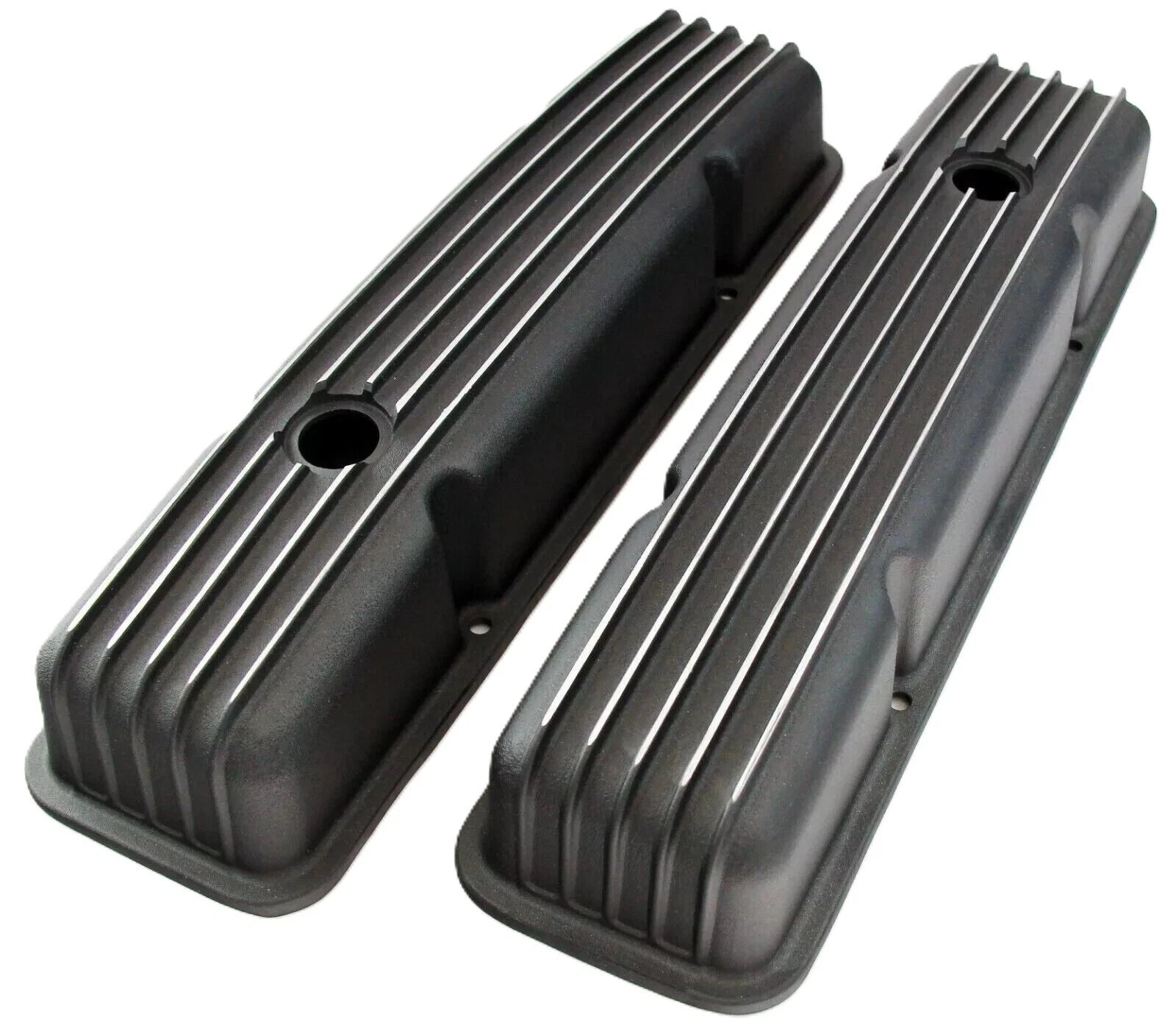 Small Block Chev 305 307 327 350 Tall Retro Cast Alloy Finned Black Valve Covers