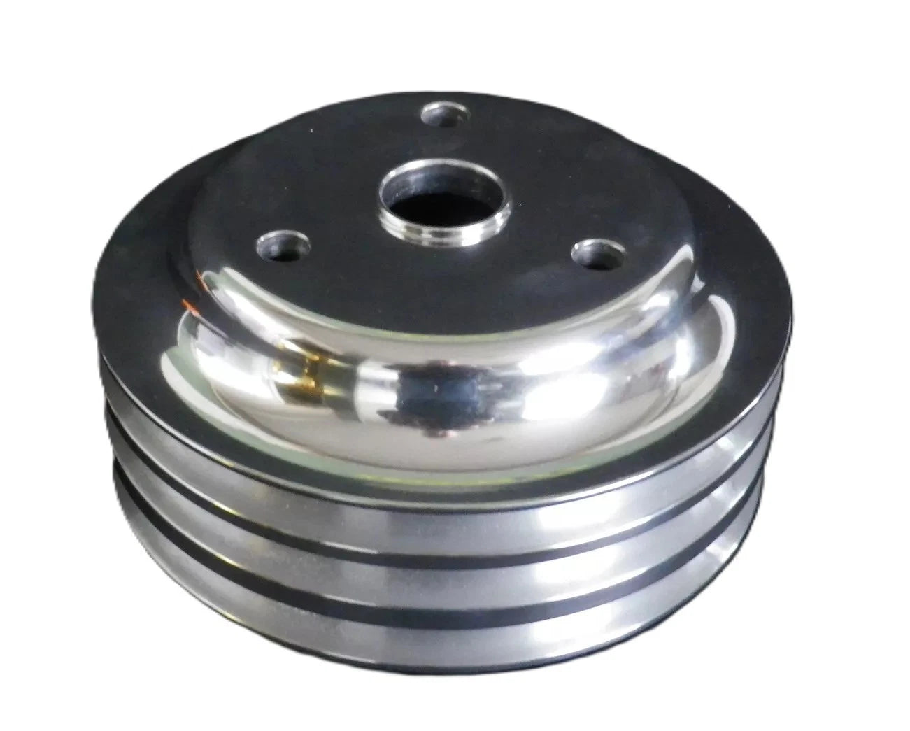Small Block Chev Long Water Pump Crank Pulley Triple Groove Polished Alloy