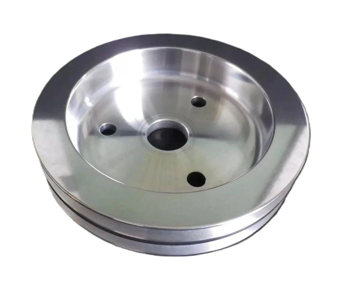 Small Block Chev Short Water Pump Crank Pulley Twin Groove Polished Alloy